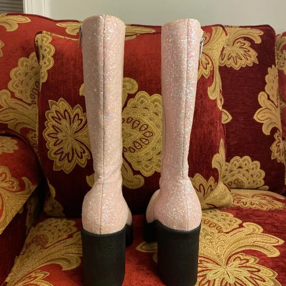 y2k rave inspired pastel pink glittery knee high chunky platform boots LaModa